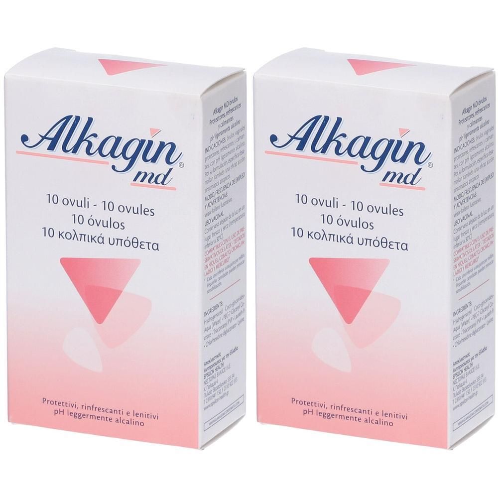 Due confezioni di Alkagin Ovuli, ciascuna con 10 ovuli. Scatole bianche con triangoli rosa e testo.