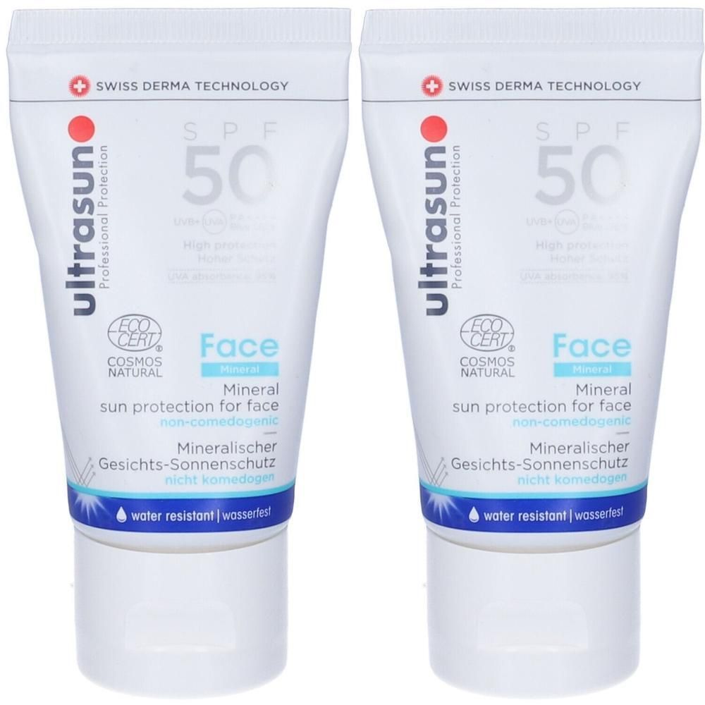 Due tubi di Ultrasun Mineral Face Protezione Solare Minerale SPF 50. Swiss Derma Technology, certificata COSMOS NATURAL.