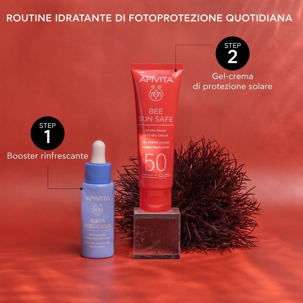 APIVITA Bee Sun Safe Crema Gel Viso SPF50 e booster in routine quotidiana idratante.