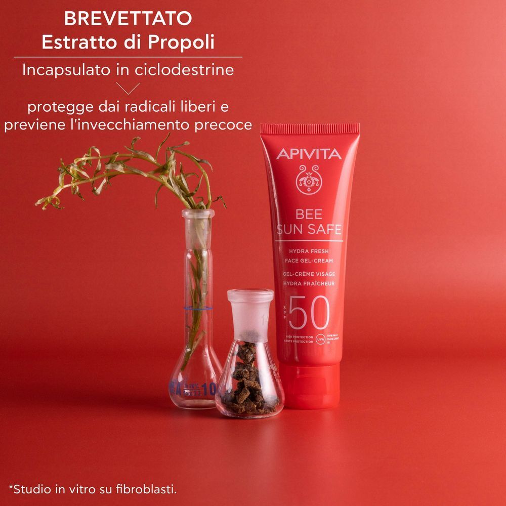 APIVITA Bee Sun Safe Crema Gel Viso SPF50 con estratto di propoli incapsulato.