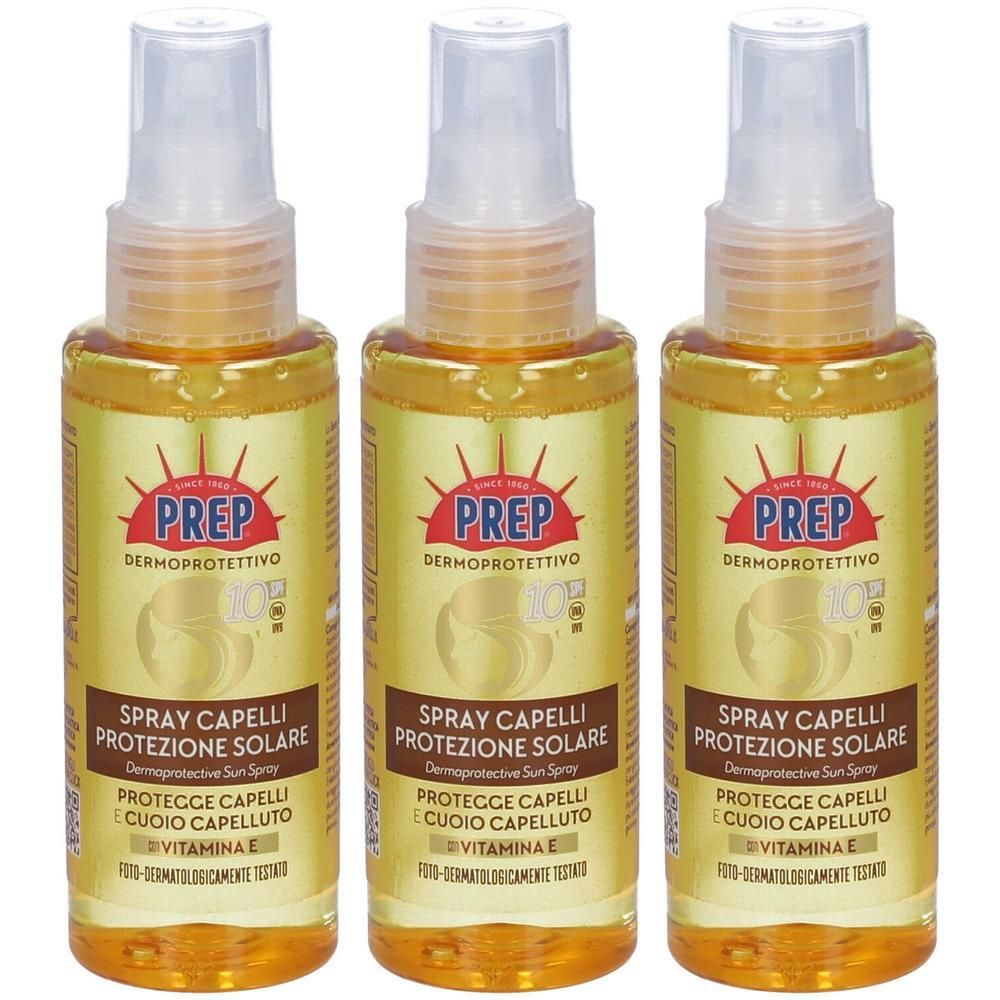 Tre flaconi di Prep Spray Solare Capelli con Vitamina E. Etichette dorate con simbolo solare rosso.