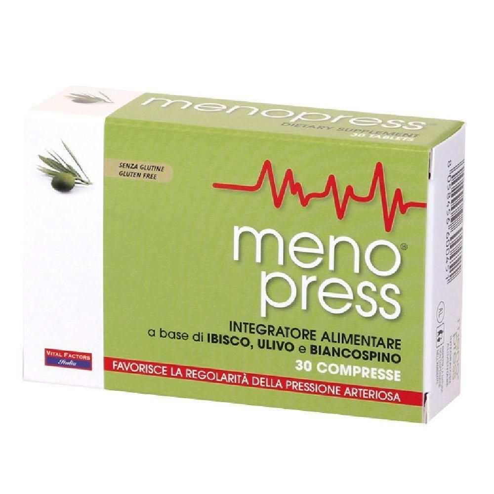 Meno Press: confezione verde con linea ECG e ramo d'ulivo. Contiene 30 compresse.