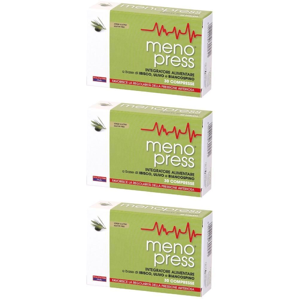 Tre confezioni di Meno Press, integratore alimentare da 30 compresse. Scatola verde con simbolo di battito cardiaco rosso.