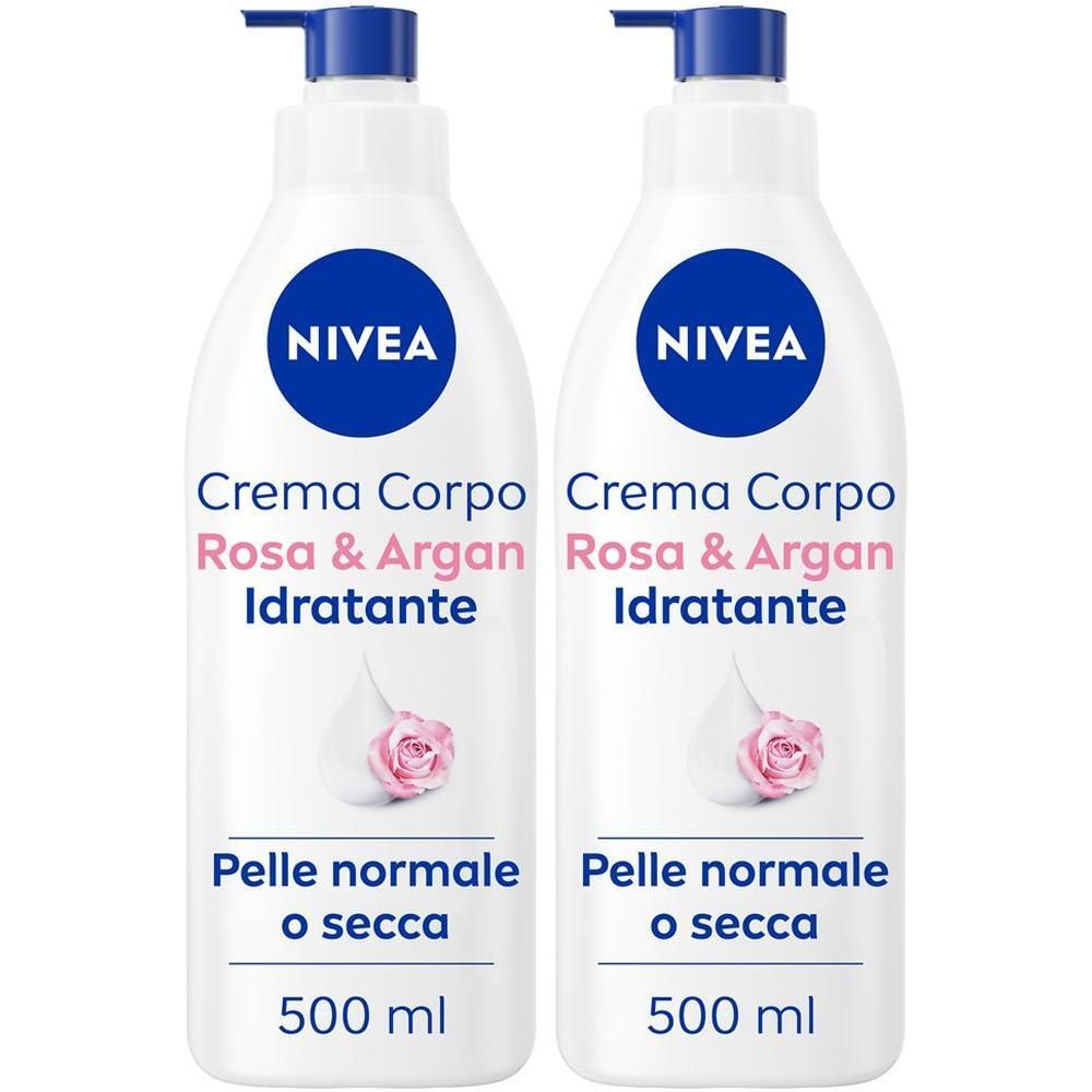 Due flaconi di Nivea Crema Corpo Idratante Rosa & Argan con erogatore a pompa.