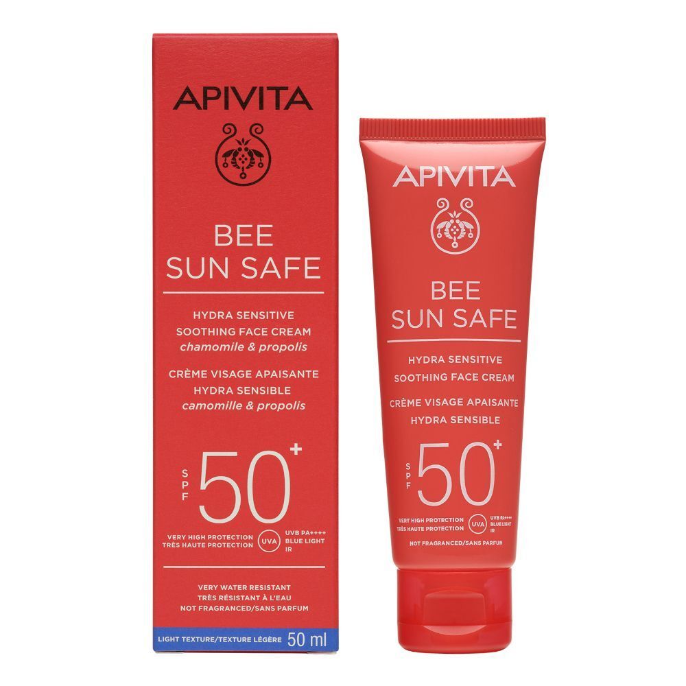 Confezione e tubo di crema viso solare SPF 50+, 50 ml.