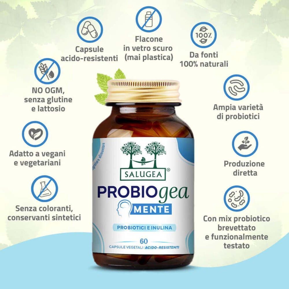 Flacone Salugea ProbioGea Mente con icone per benefici come "No OGM" e "Vegano".