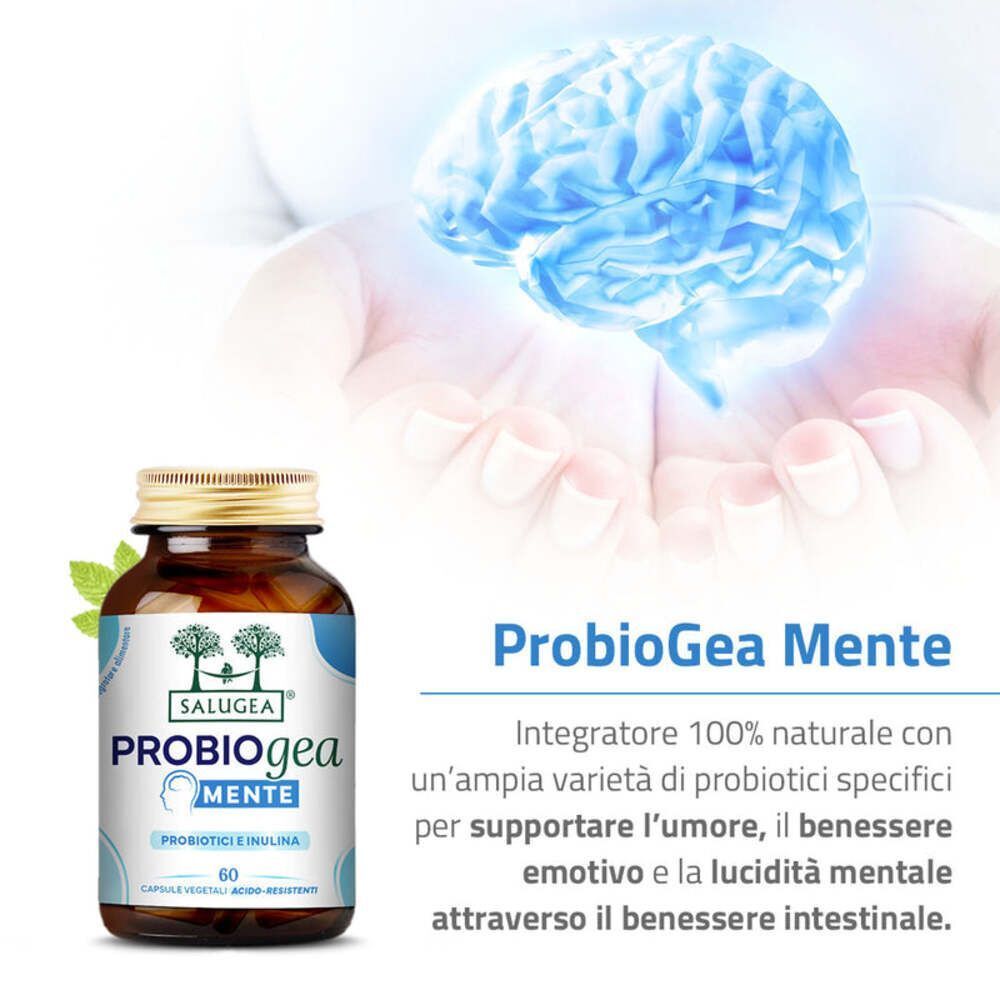 Flacone Salugea ProbioGea Mente davanti a un cervello stilizzato che simboleggia la lucidità mentale.