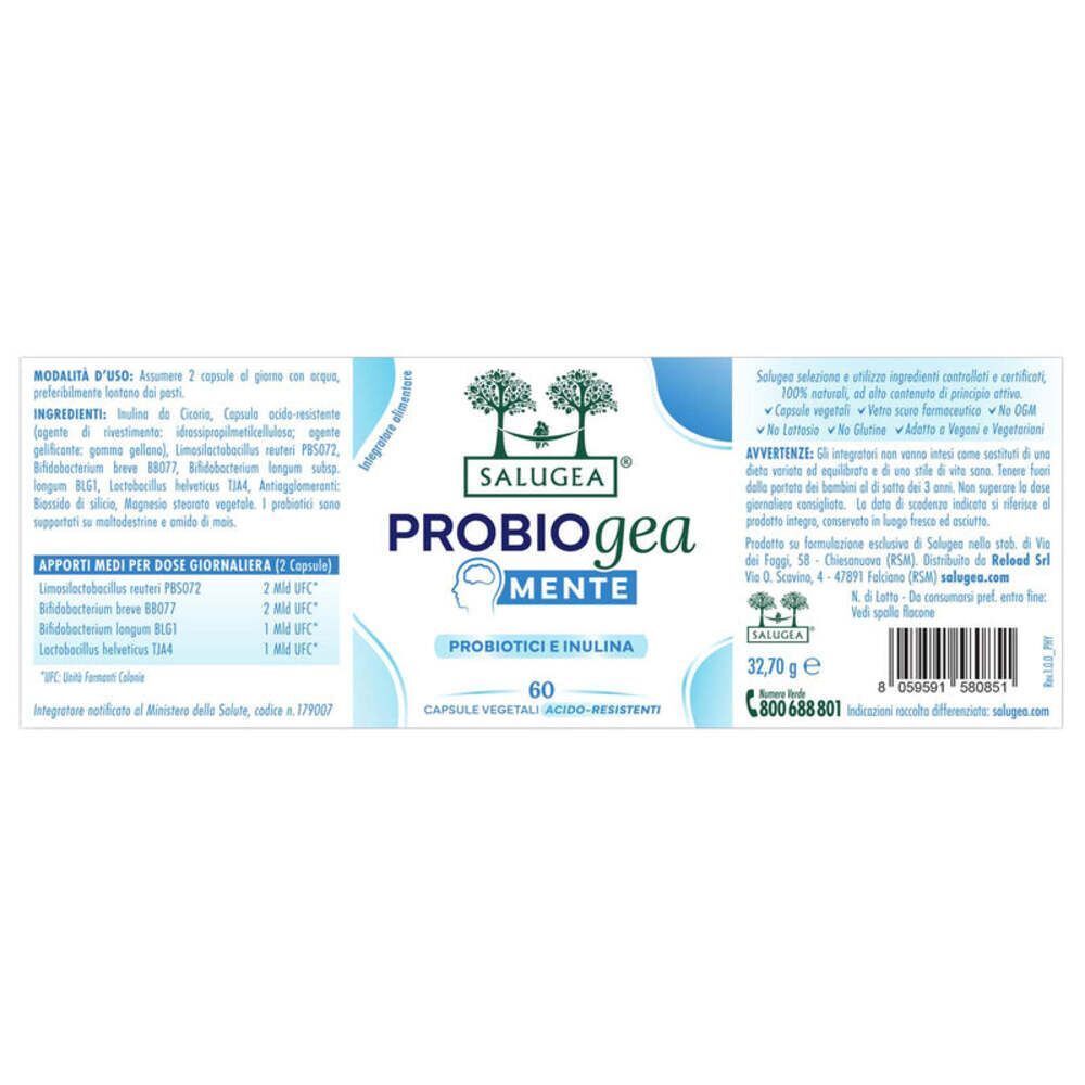 Etichetta del flacone Salugea ProbioGea Mente con informazioni nutrizionali e codice a barre.