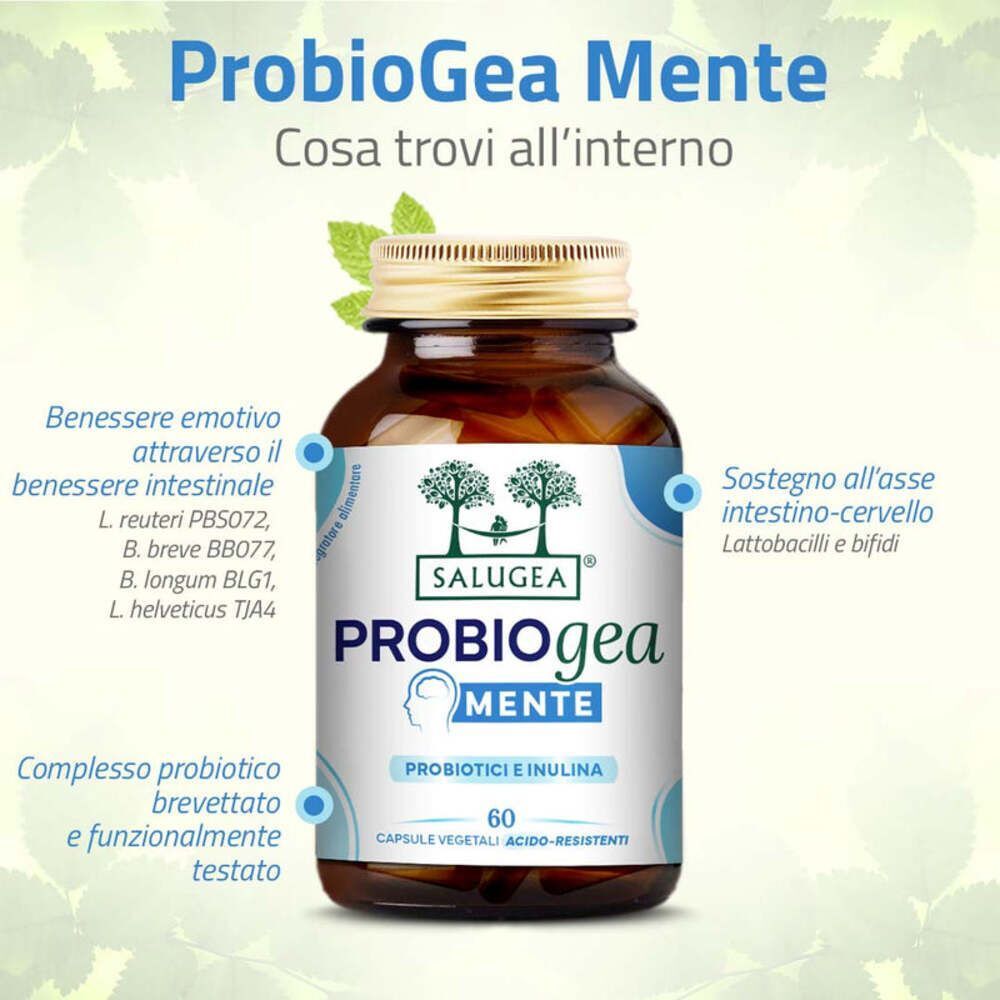 Flacone Salugea ProbioGea Mente con testo sull'asse intestino-cervello e ceppi probiotici.