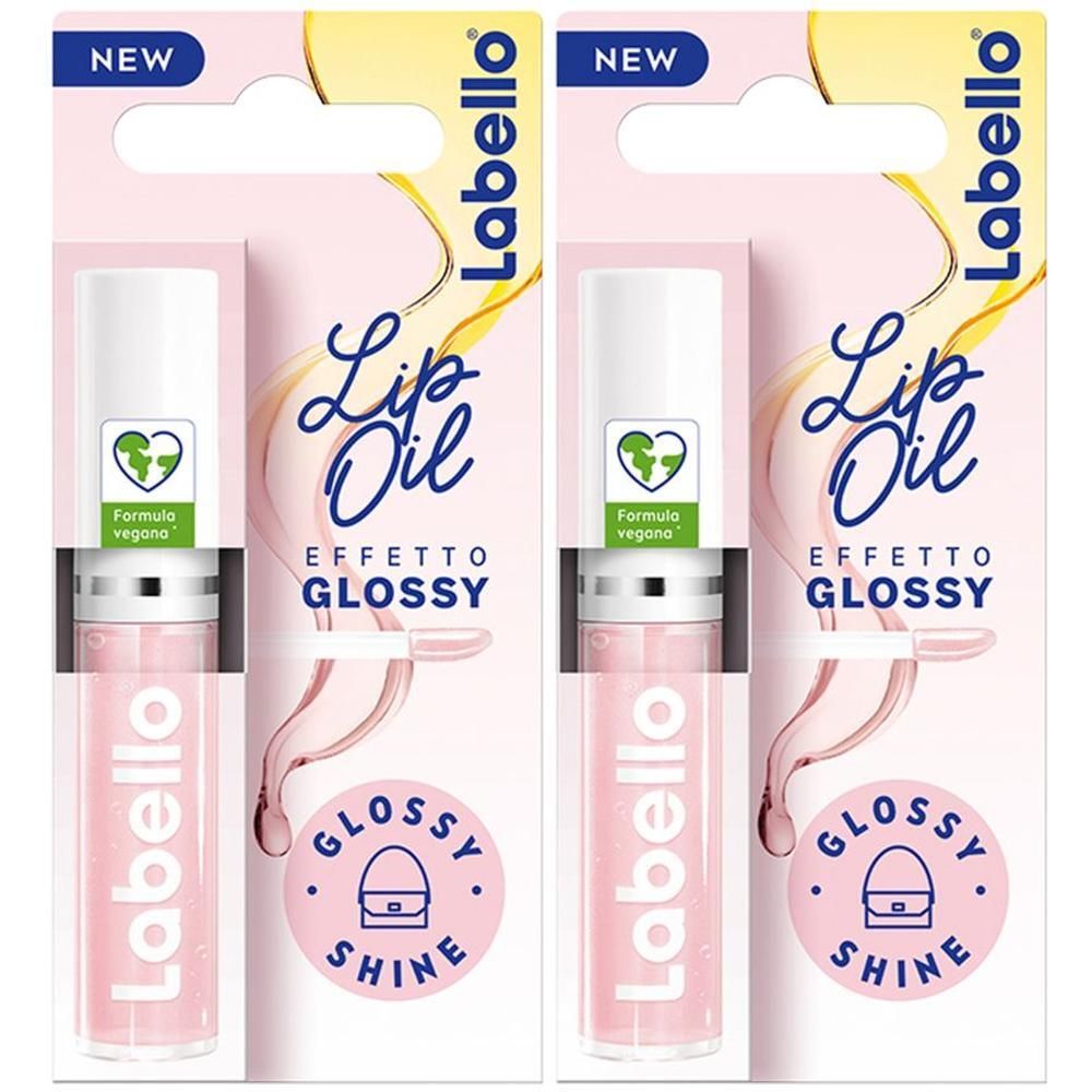 Due Labello Lip Oil Effetto Glossy in confezione rosa. Con formula vegana e simbolo lucido.