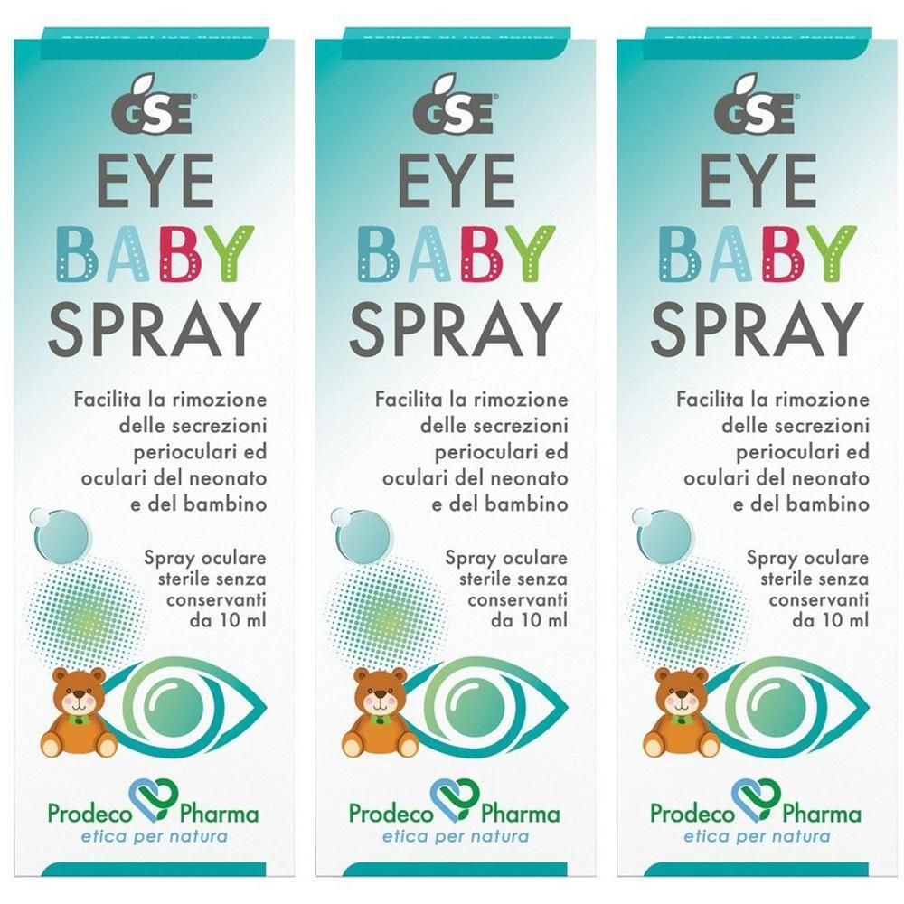 Tre confezioni di GSE Eye Baby Spray con orsetti e occhi. Testo sulla cura degli occhi per neonati.