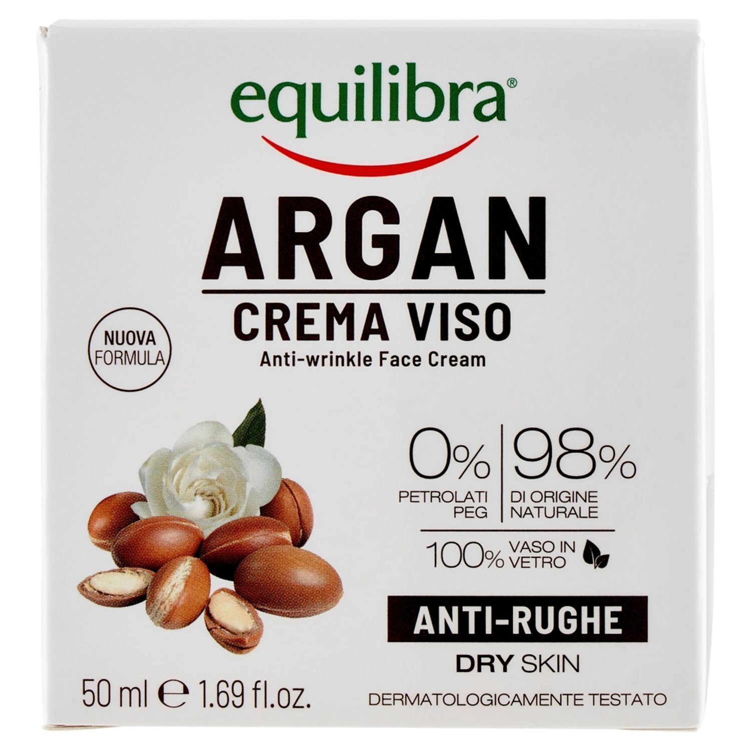 Confezione Equilibra Argan Crema Viso Anti-rughe, 50ml, con olio di argan e fiori.