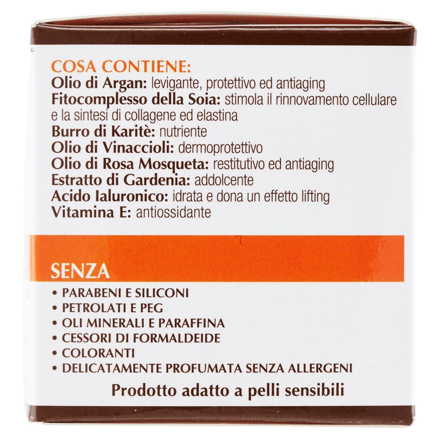 Vista laterale confezione Equilibra Argan Crema Viso con elenco ingredienti.