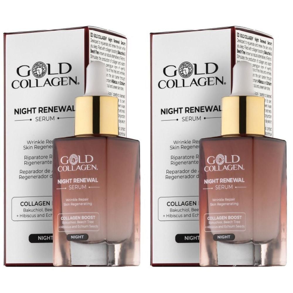 Due flaconi di siero Gold Collagen Night Renewal con contagocce e scatola.