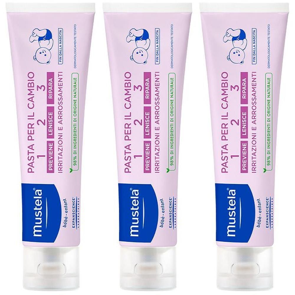 Tre tubetti di pasta cambio Mustela con disegno di bimbo. Testo in italiano.