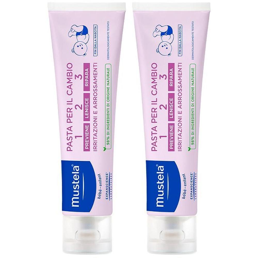 Due tubi di pasta per il cambio Mustela con istruzioni passo passo.