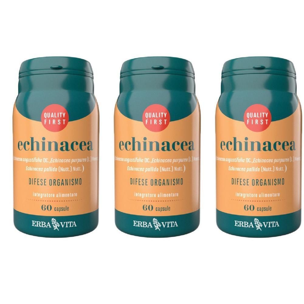 Tre flaconi di capsule di Echinacea, 60 capsule per flacone, marca ERBA VITA.