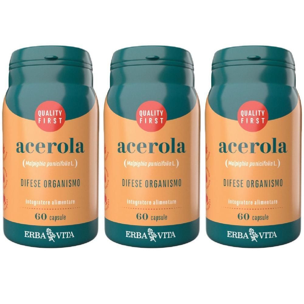 Tre flaconi di integratore alimentare Acerola, 60 capsule per flacone. Marca: ERBA VITA.