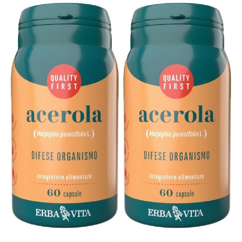 Due flaconi di capsule di Acerola, 60 capsule per flacone, marca ERBA VITA.