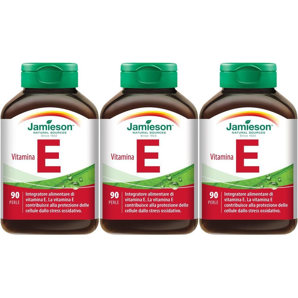 Tre flaconi di integratore alimentare Vitamina E Jamieson, 90 perle ciascuno.