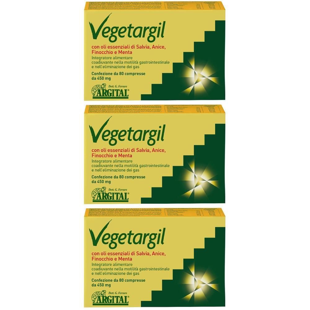 Tre confezioni di Vegetargil da 80 compresse, giallo e verde.