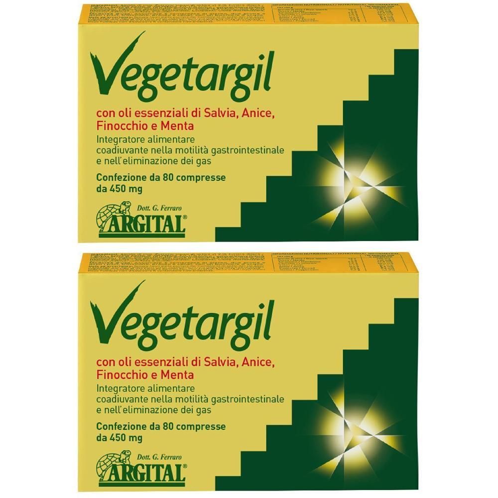Due confezioni di Vegetargil da 80 compresse ciascuna. Scatola gialla con dettagli verdi e informazioni sul prodotto.
