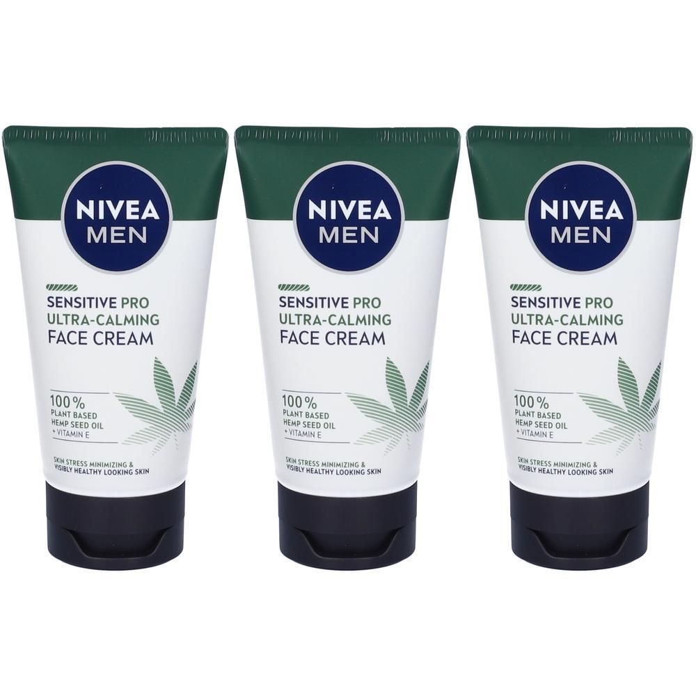 Tre tubetti di Nivea Men Sensitive Pro Ultra-Calming Face Cream con olio di semi di canapa e vitamina E.