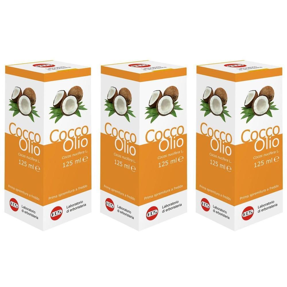 Tre confezioni di olio di cocco, ciascuna da 125 ml, con illustrazione di noci di cocco.