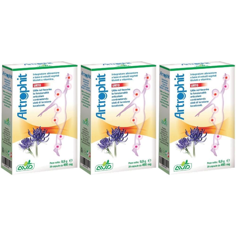 Tre confezioni di Artrophit Urto Integratore Alimentare con illustrazioni di articolazioni e piante.