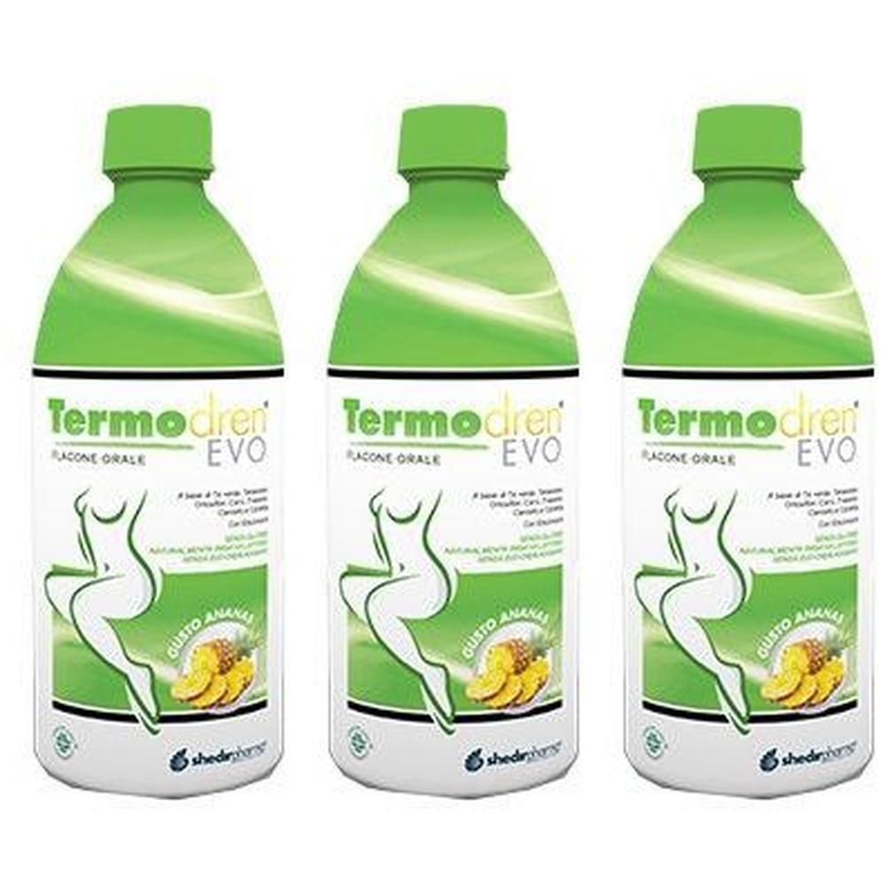 Tre bottiglie di Termodren Evo Ananas con tappi verdi ed etichette raffiguranti una figura stilizzata e ananas.