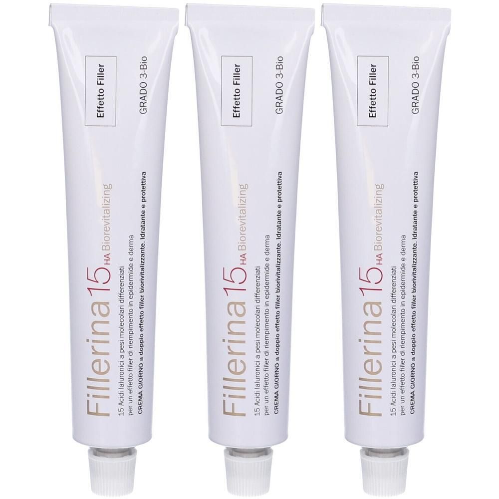 Tre tubi di Fillerina 15 HA Biorevitalizing Crema Giorno Grado 3 Bio.