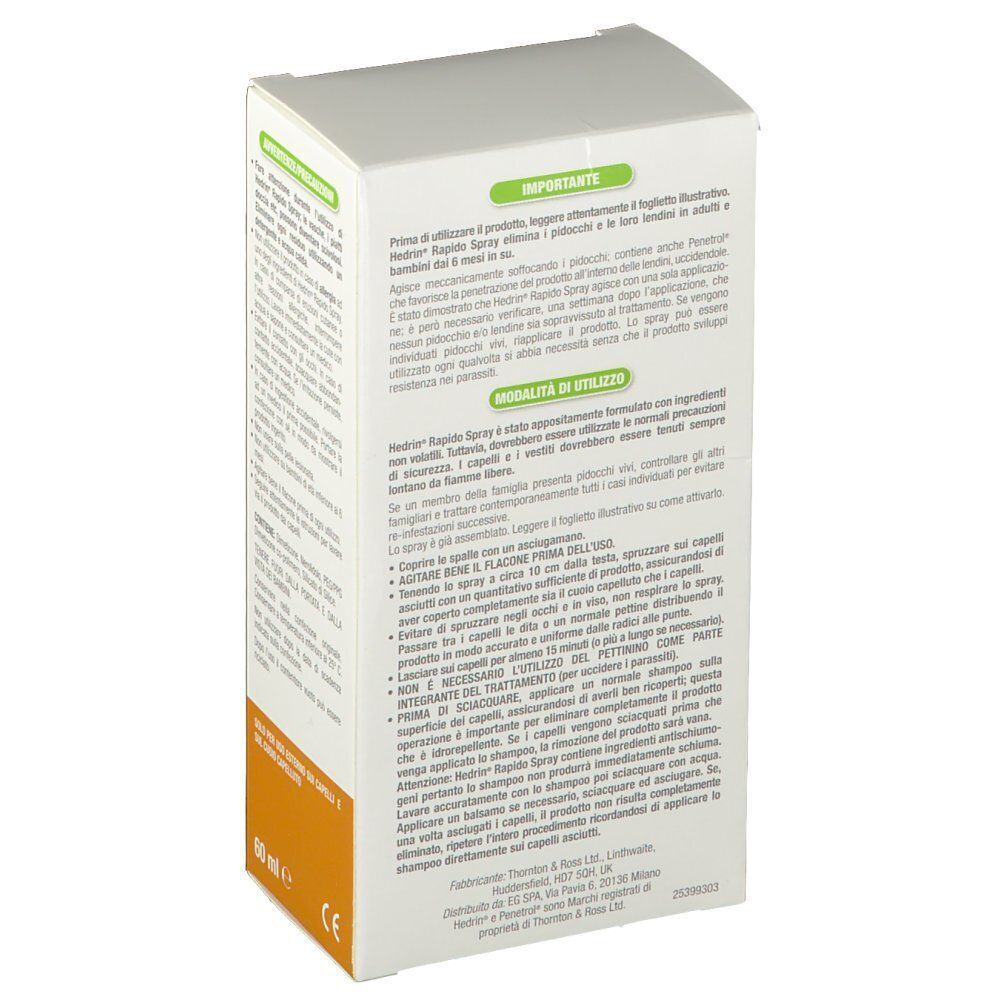 Una confezione di Hedrin Rapid Spray con istruzioni dettagliate per l'uso e dati del produttore.