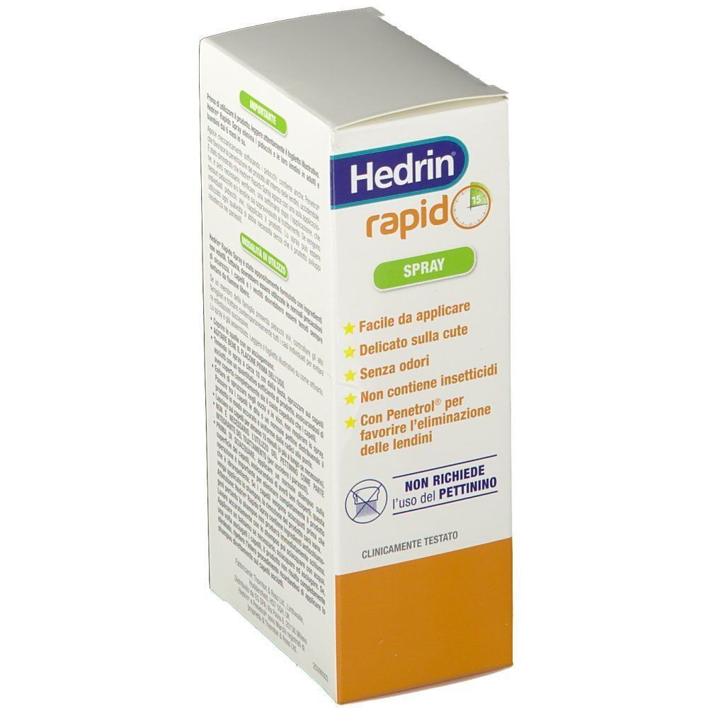Una confezione di Hedrin Rapid Spray con caratteristiche del prodotto e marchio CE.