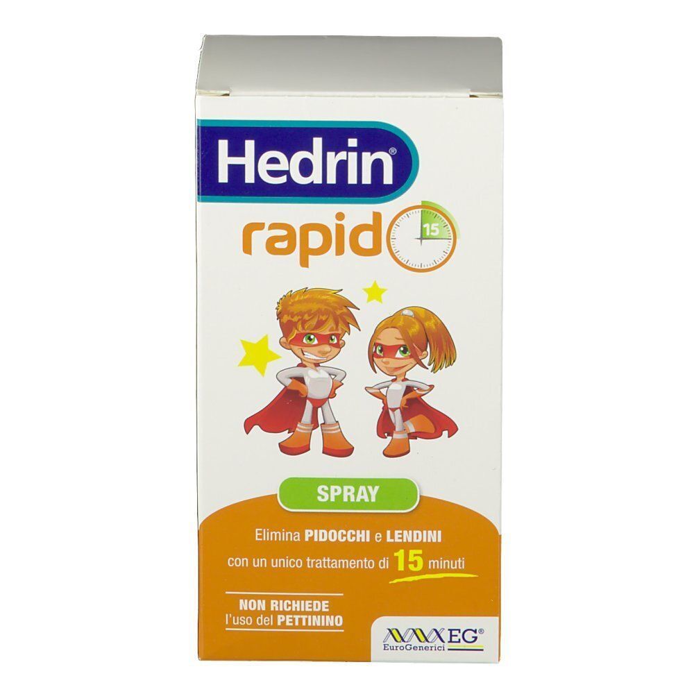 Fronte di una confezione di Hedrin Rapid Spray con illustrazione di supereroi e nome del prodotto.