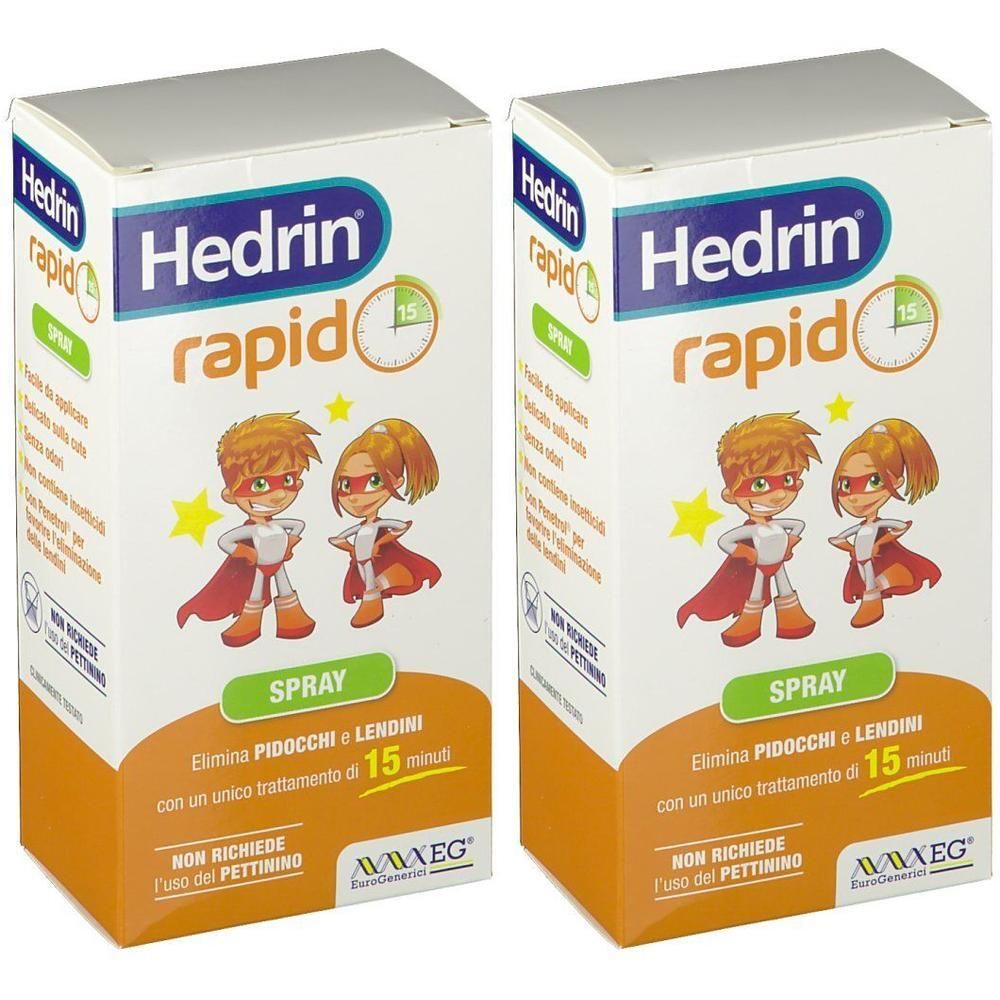 Due confezioni di Hedrin Rapid Spray con illustrazione di bambini supereroi.