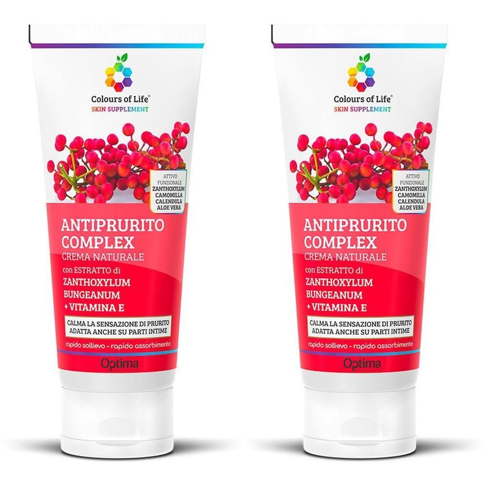Due tubetti di Colours of Life® Skin Supplement Crema Antiprurito Complex con bacche rosse.