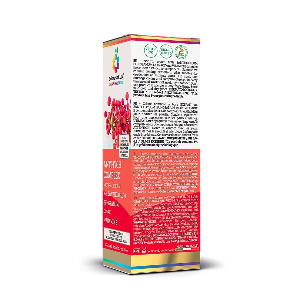 Scatola Colours of Life® Skin Supplement Crema Antiprurito Complex con bacche rosse e testo.