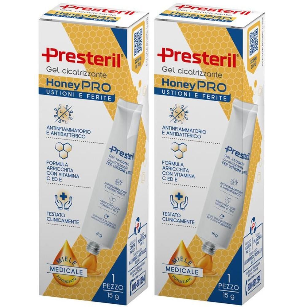 Due confezioni di Presteril HoneyPRO Gel Cicatrizzante, 15g. Formula antinfiammatoria e antibatterica con vitamine C, E.