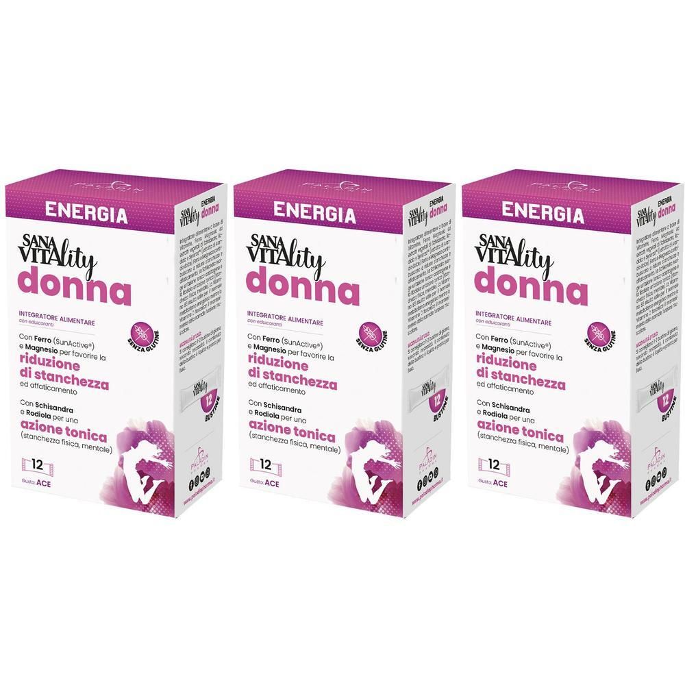 Tre confezioni di Sanavitality Energia Donna Stickpack, viola e bianche, con testo e immagine di una donna.