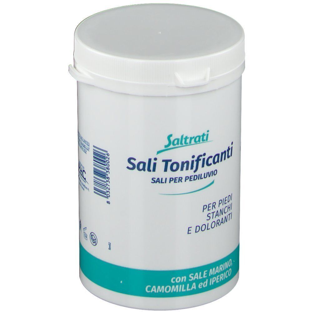 Un contenitore bianco di Sali Tonificanti Saltrati per pediluvio. Etichettatura in tedesco e italiano.