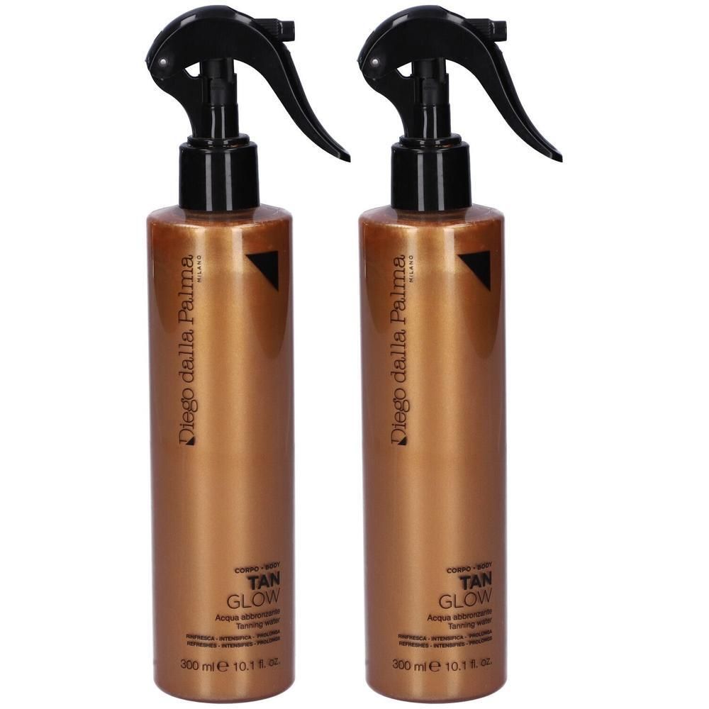 Due flaconi spray color bronzo con erogatore nero. Etichetta: Diego dalla Palma, Tan Glow.