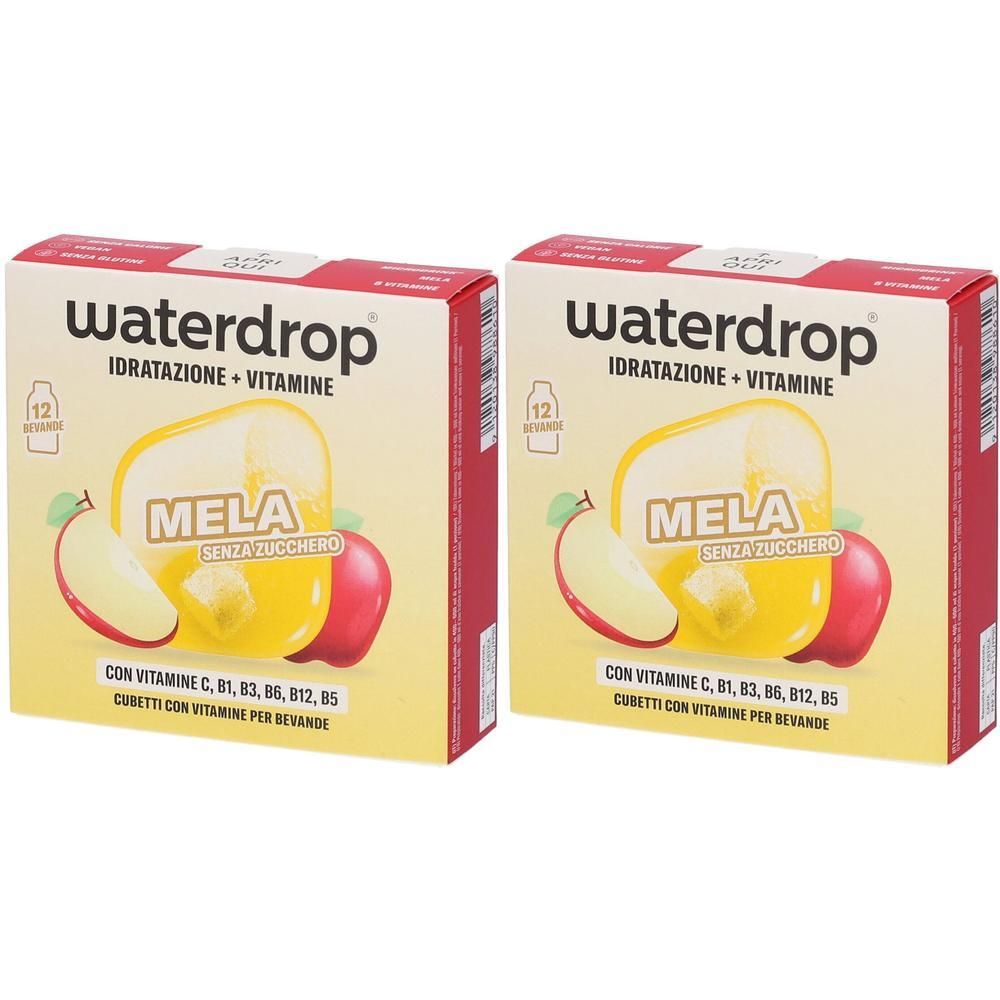 Due confezioni di Waterdrop Mela senza zucchero con vitamine. Ogni confezione contiene 12 Cubetti.