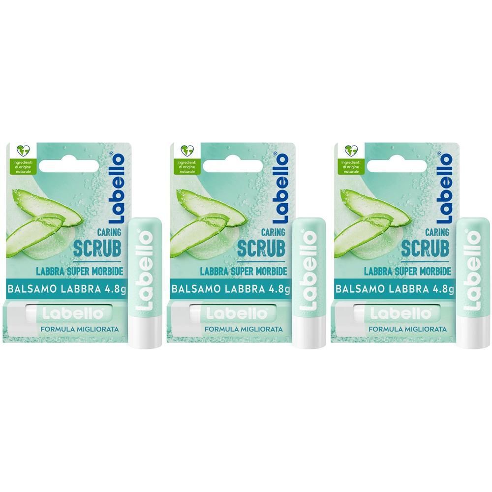 Tre balsami Labello Caring Scrub con Aloe Vera nella loro confezione.