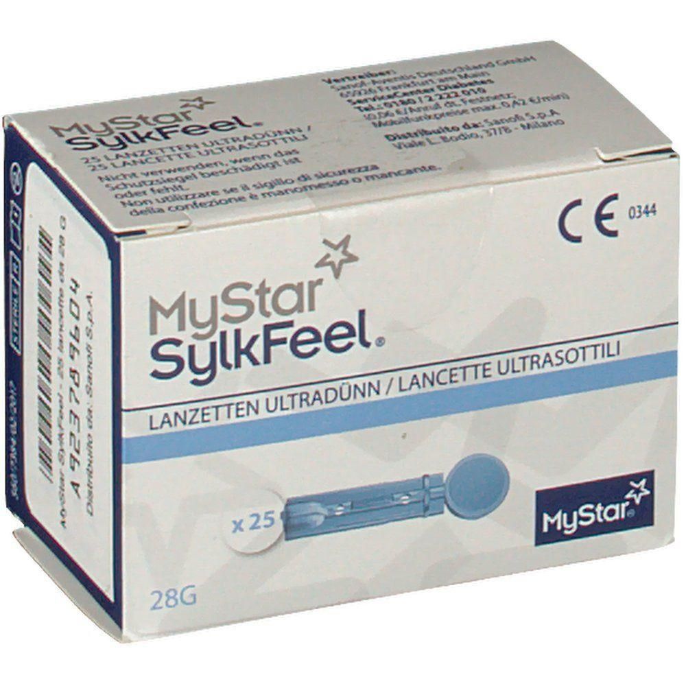 Una confezione di lancette MyStar SylkFeel, 28G. Contiene 25 lancette sterili ultrasottili.