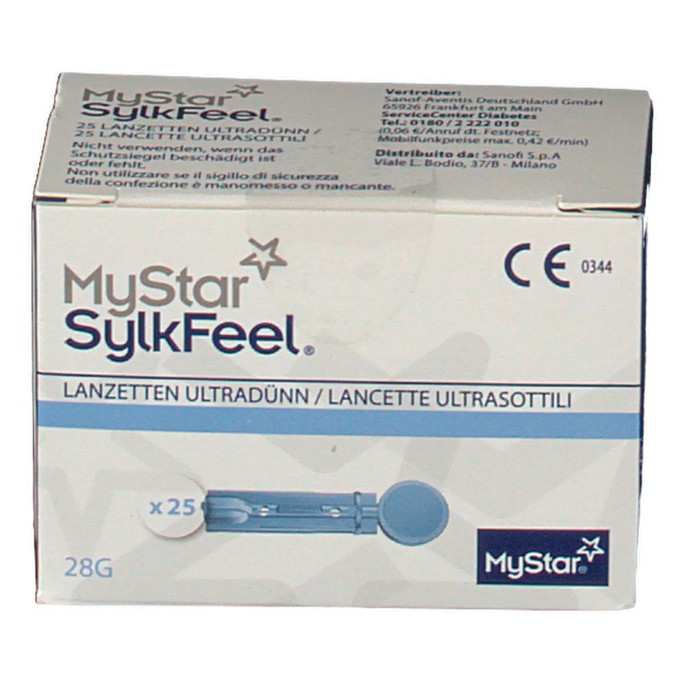 Confezione da 25 lancette MyStar SylkFeel, 28G, con marchio CE.