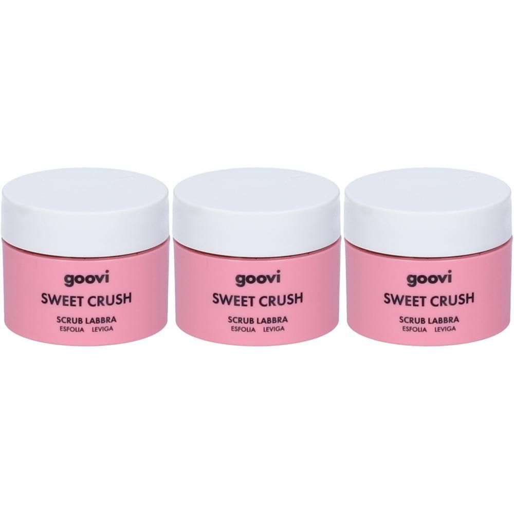 Tre vasetti Goovi Sweet Crush Scrub Labbra con tappi bianchi e corpo rosa.