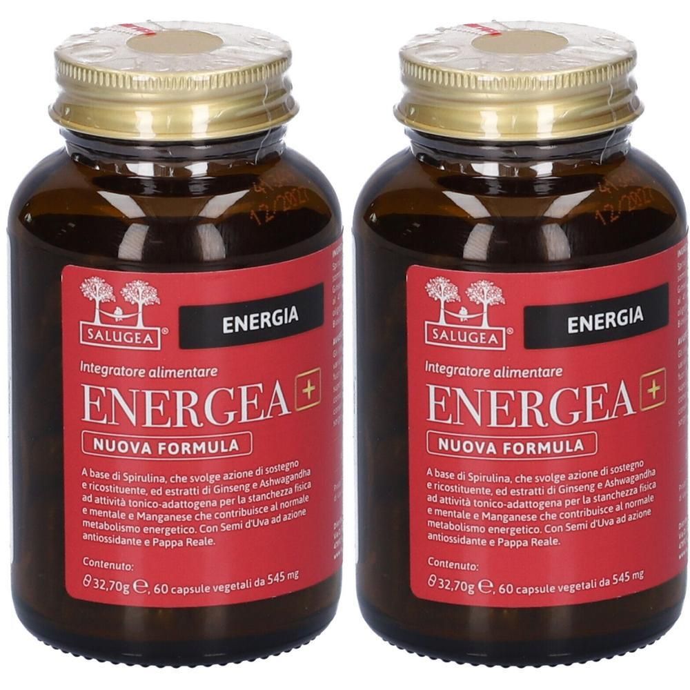 Due flaconi di Salugea Energea+ Capsule. Flaconi in vetro ambrato con etichette rosse.