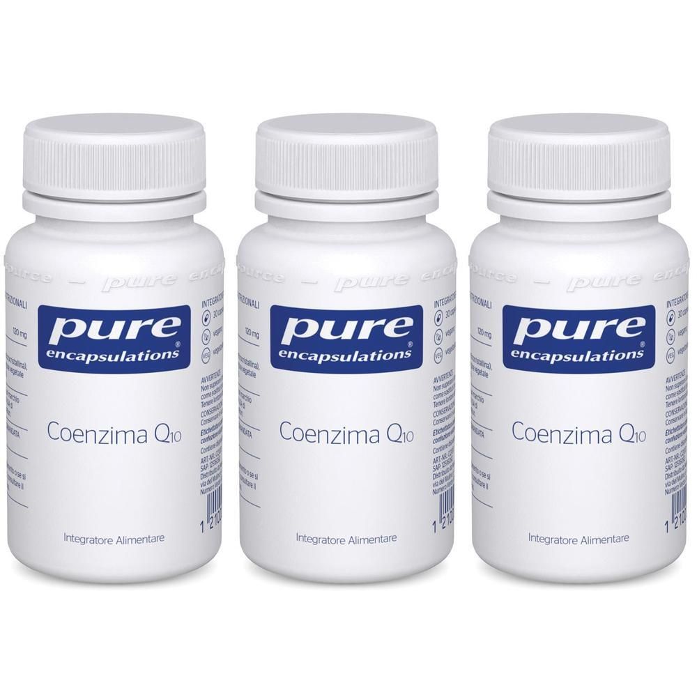 Tre flaconi di Pure Encapsulations Coenzima Q10, integratore alimentare.