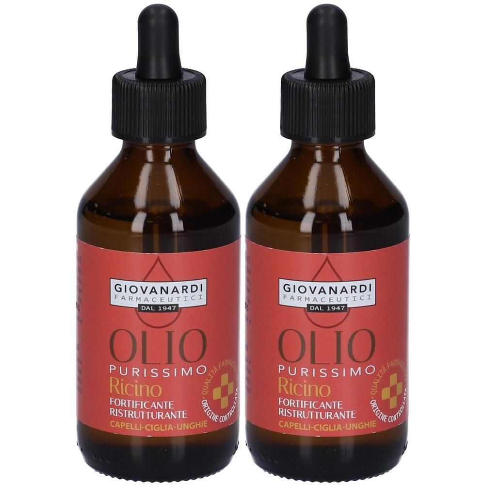 Due flaconi in vetro ambrato con contagocce, etichetta "Olio Purissimo Ricino".