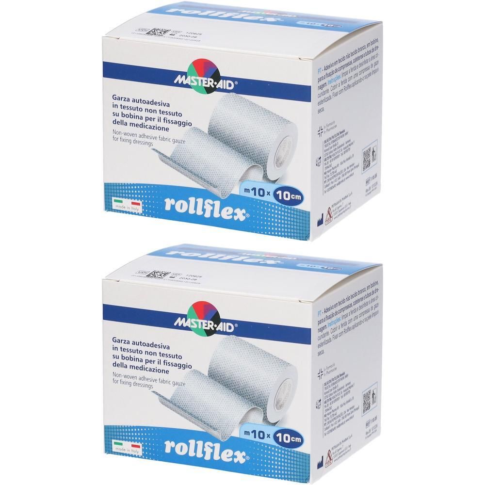 Due confezioni di garza autoadesiva Master-Aid Rollflex, 10cm x 10m. Garza bianca su rotoli.